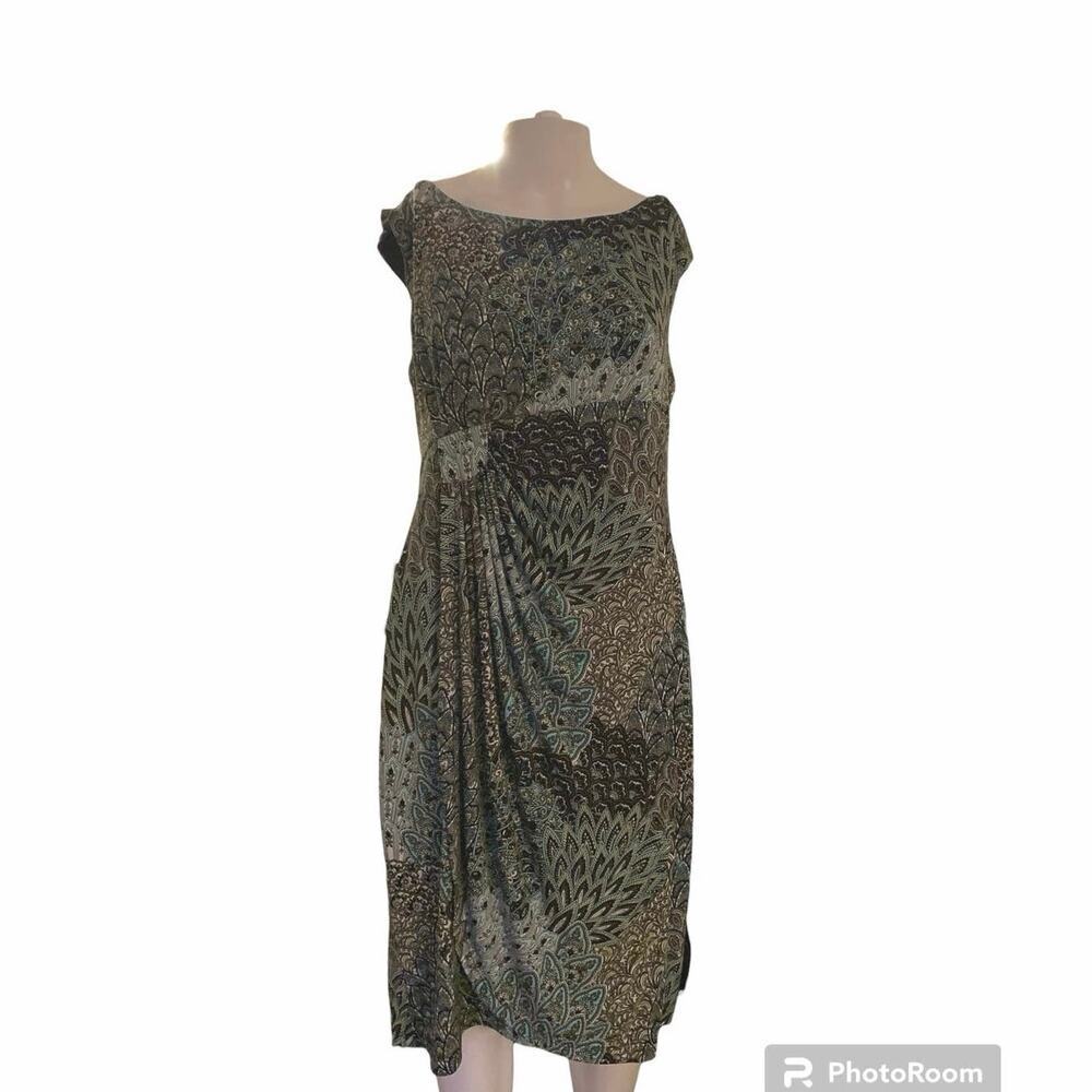 Connected Apparel Women's Size 14 Faux Wrap Midi Dress Green Pattern Sleeveless